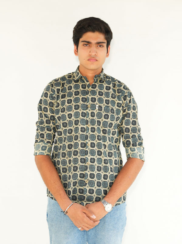 Green & Beige Geometric Printed  Full Sleeve Shirt