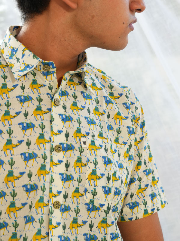 Men's Half Sleeve Floral Printed Cotton Shirt – blue   yellow