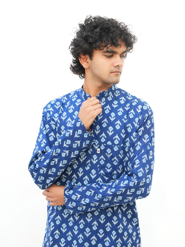 Floral Printed Cotton Kurta– Blue white