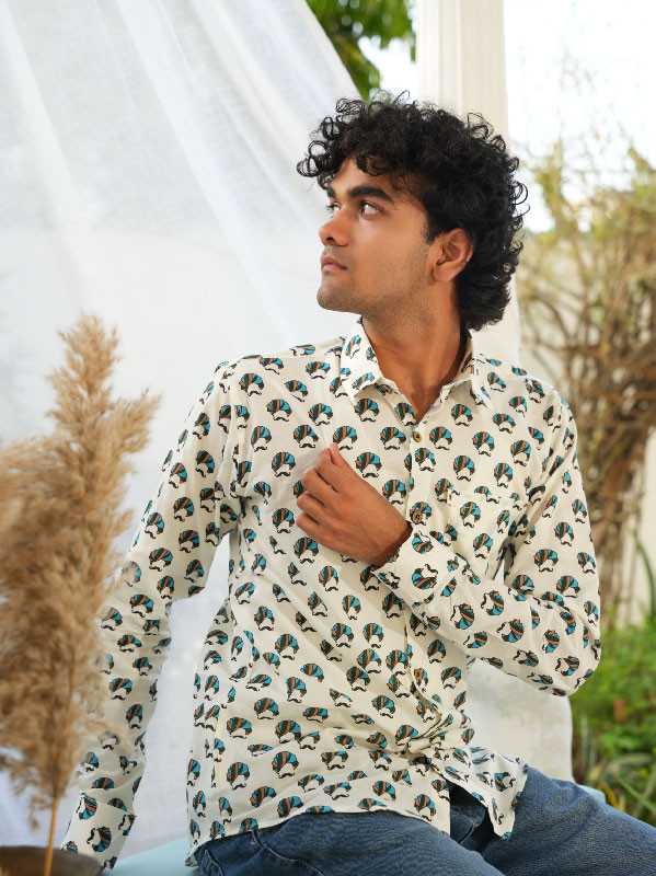 Royal Breeze Printed Shirt – White with Rajasthani Charm