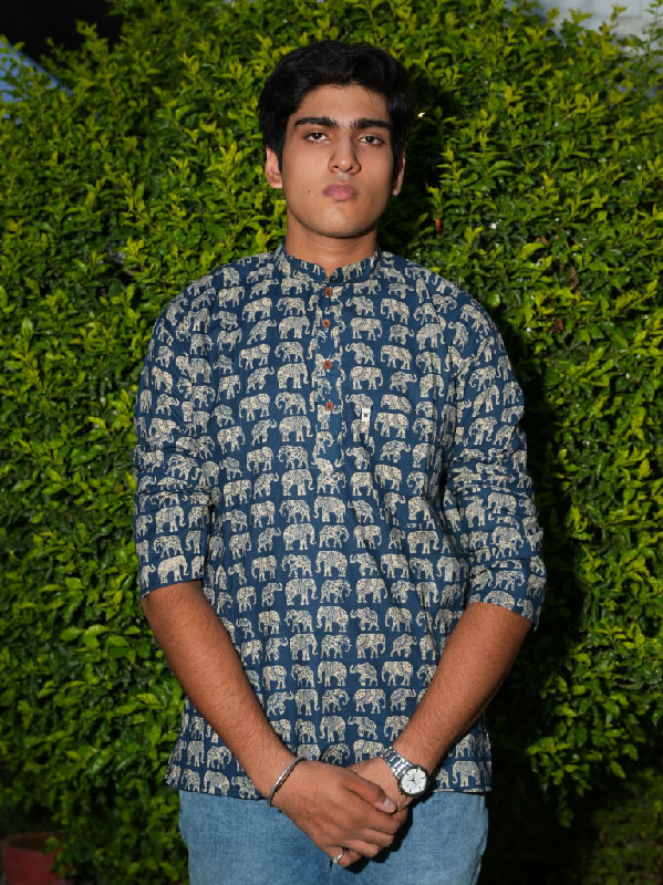 Men’s Indigo Blue Cotton Kurta with Ivory Elephant Print
