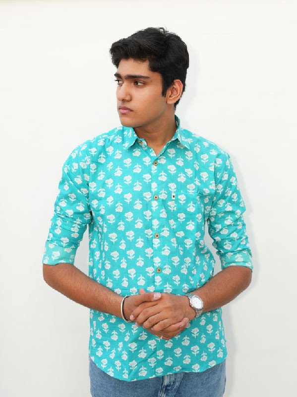 Men’s Aqua Blue Cotton Shirt with White Floral Print