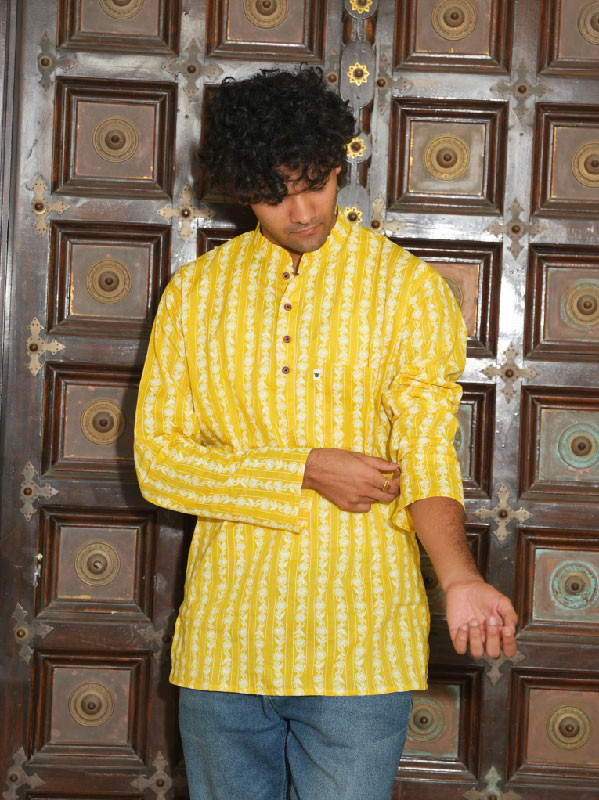 Mustard Kurta Shirt – Floral Stripe Edition