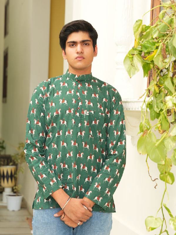 Horse Printed Cotton kurta– green white