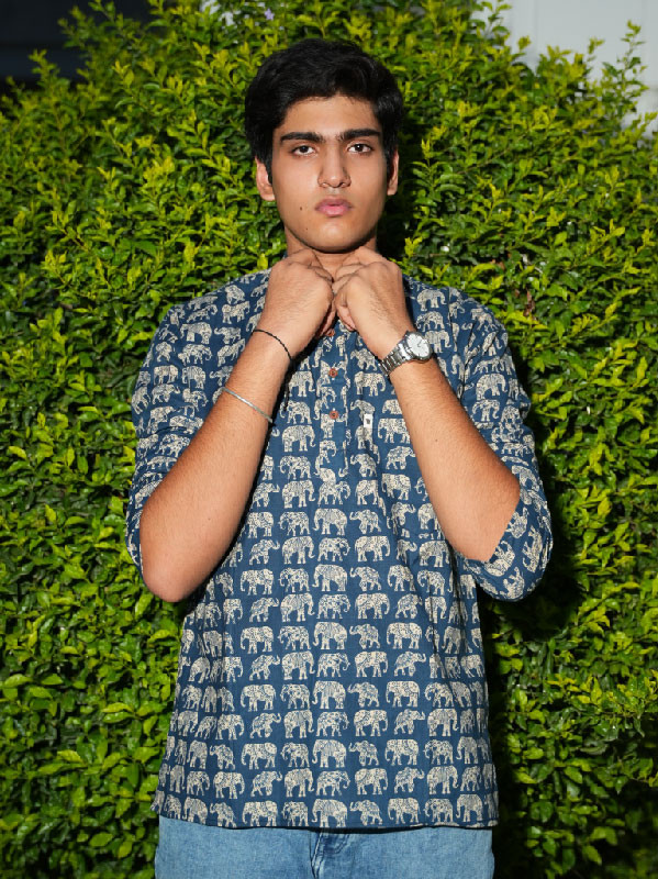 Men’s Indigo Blue Cotton Kurta with Ivory Elephant Print