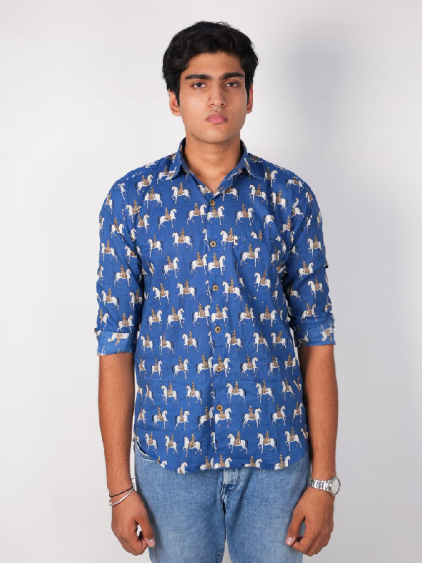 Men's Full Sleeve Horse Printed Cotton Shirt – blue white