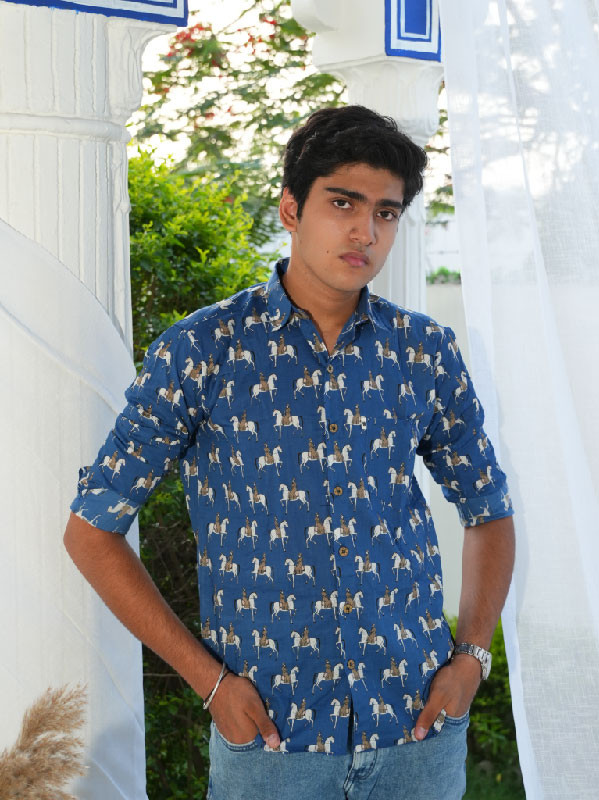 Men's Full Sleeve Horse Printed Cotton Shirt – blue white