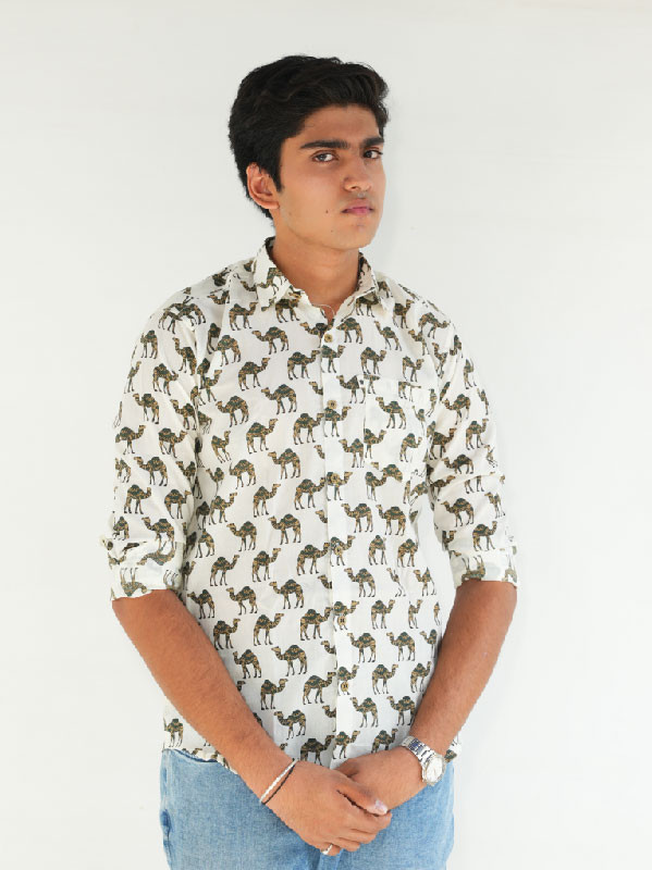 Men's Full Sleeve Camel Printed Cotton Shirt – white
