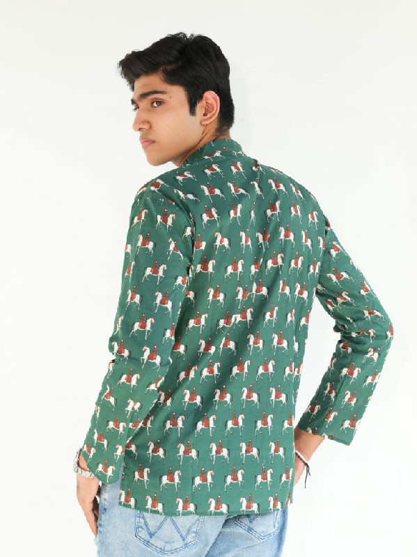 Horse Printed Cotton kurta– green white