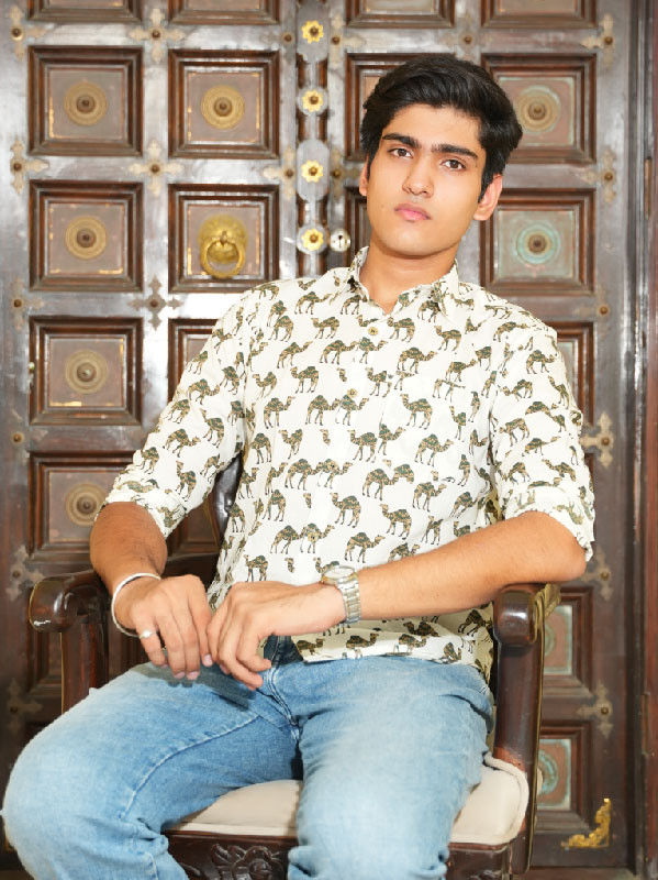 Men's Full Sleeve Camel Printed Cotton Shirt – white