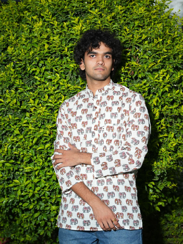 Men’s Cream Ethnic Cotton Kurta with Maroon Elephant Print
